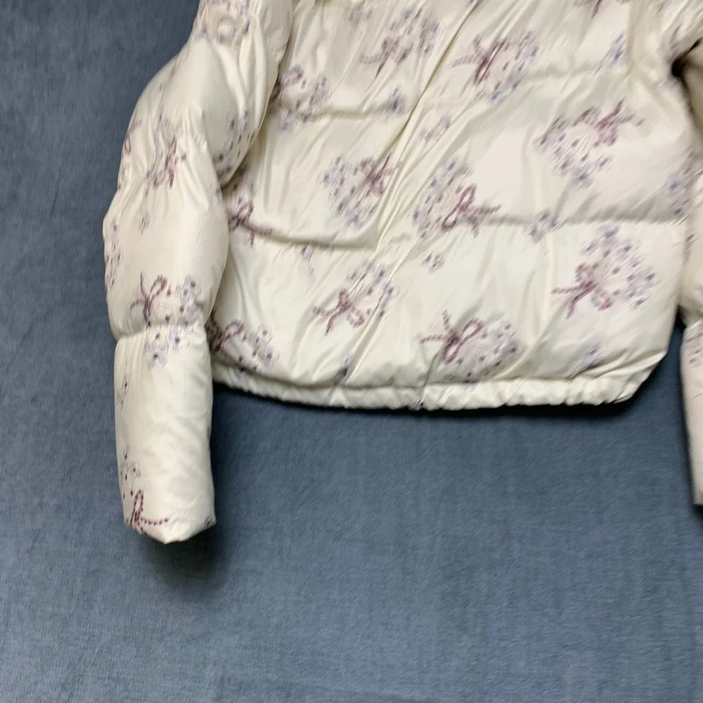 Coach Puffer Jacket Womens Large Cream Floral Print Long Sleeve Winter Full Zip